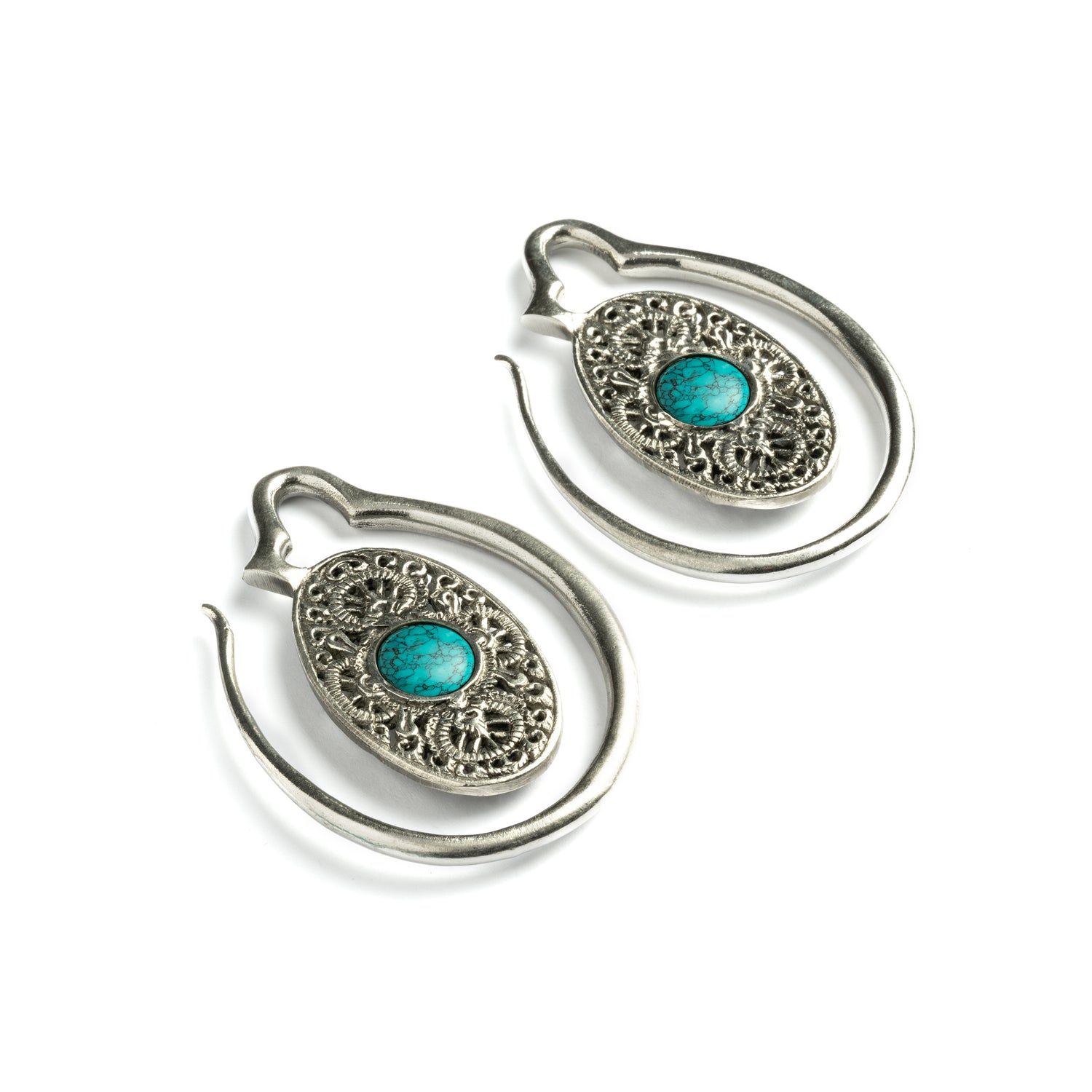 large ear weights hangers, silver colour oval shaped with intricate filigree pattern and turquoise