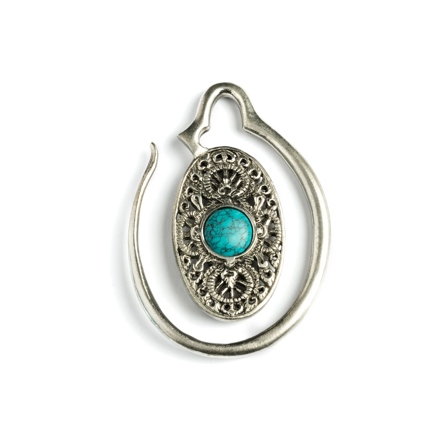 single large ear weights hangers, silver colour oval shaped with intricate filigree pattern and turquoise