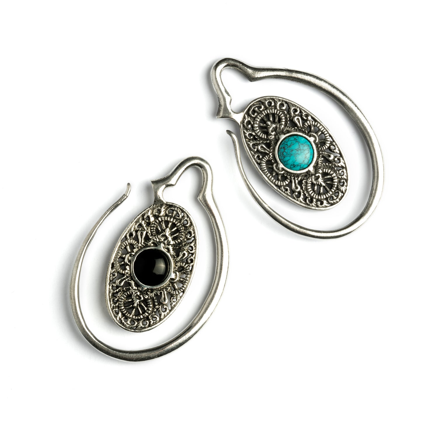 large ear weights hangers, silver colour oval shaped with intricate filigree pattern and turquoise/onyx