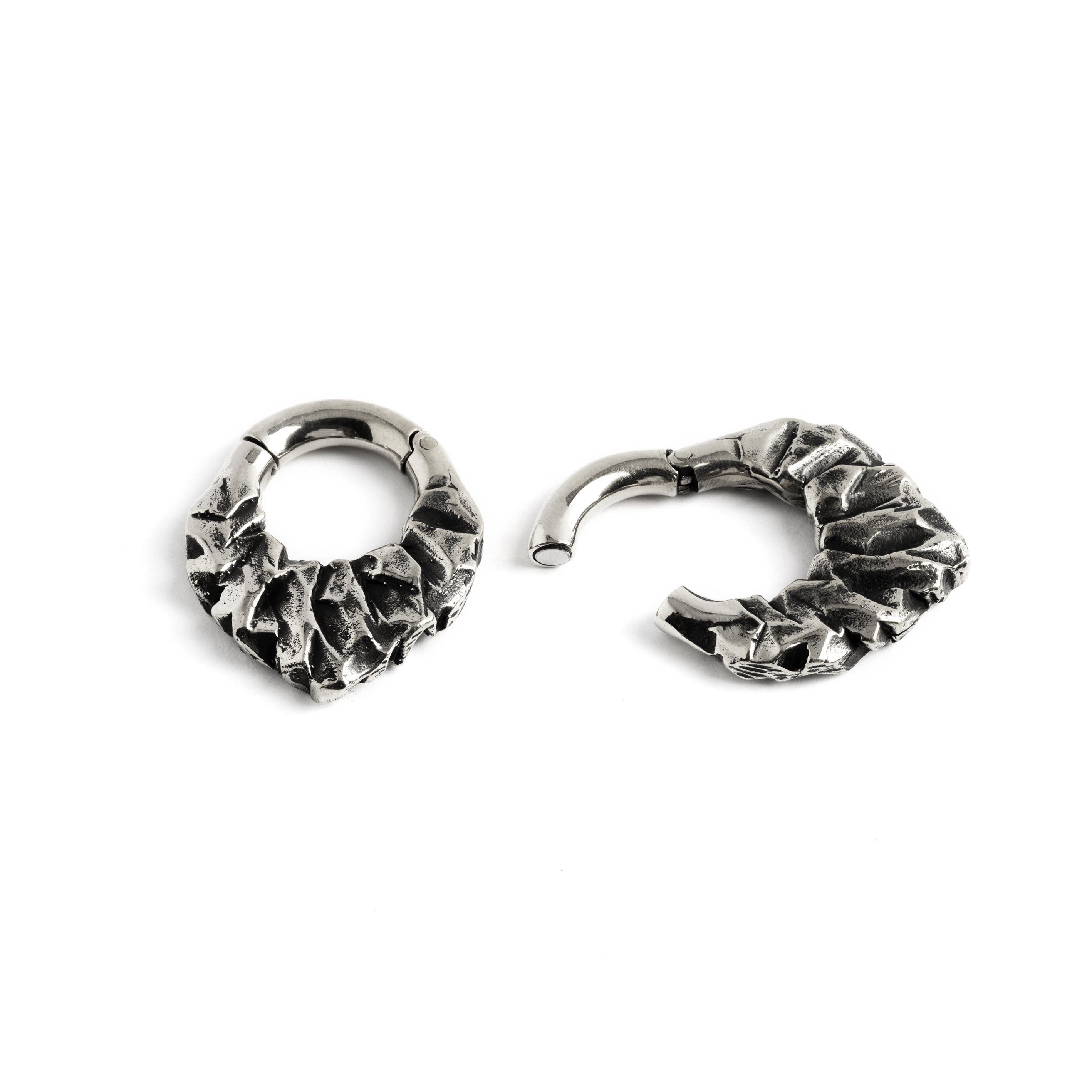 pair of silver brass teardrop shaped ear hoops hangers with rocky texture locking systeml view