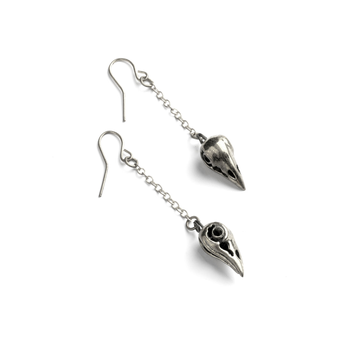Raven Skull Chain Earrings front and side view