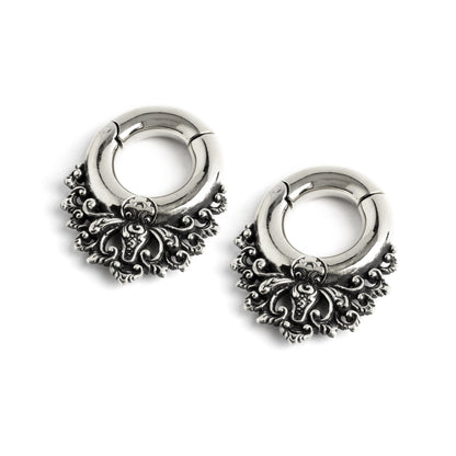 pair of silver brass ear hangers hoops with floral victorian design right front view