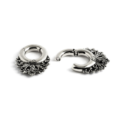 pair of silver brass ear hangers hoops with floral victorian design locking system view