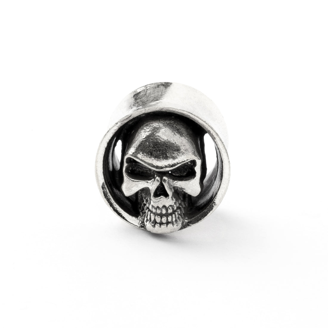 White brass skull ear plug frontal view