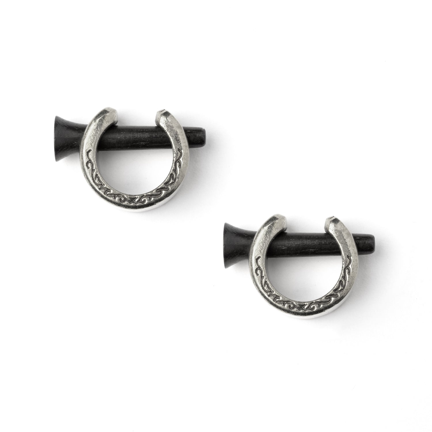 pair of silver brass small hoop gauge earring with wooden pin closure frontal view