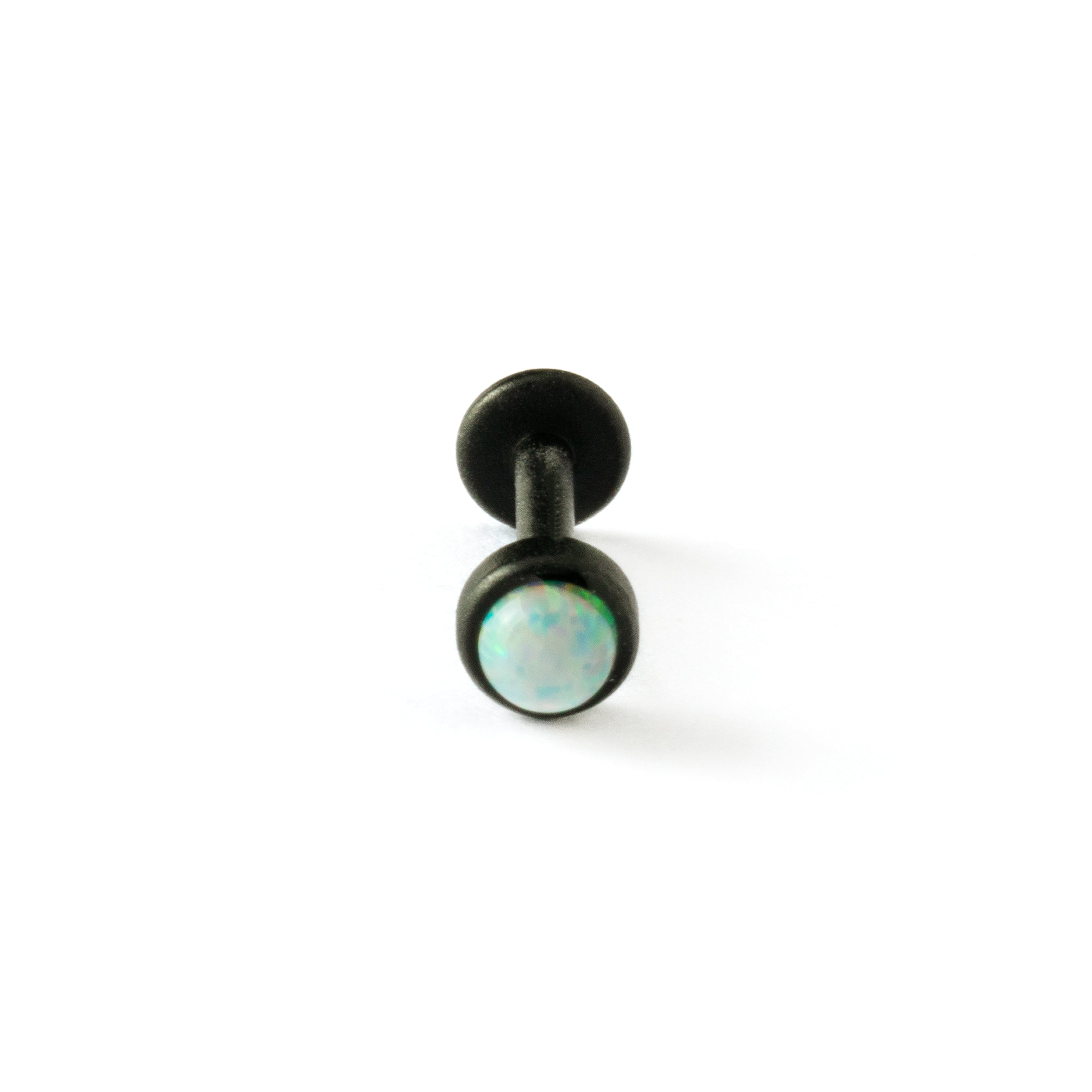 matte black surgical steel with white opal labret stud left frontal view view