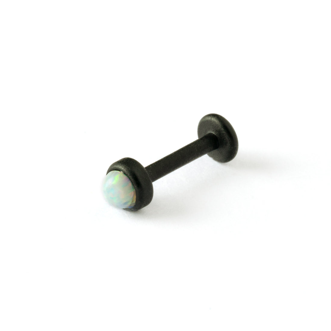 matte black surgical steel with white opal labret stud left side view