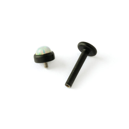 matte black surgical steel with white opal labret stud left internally threaded closure view
