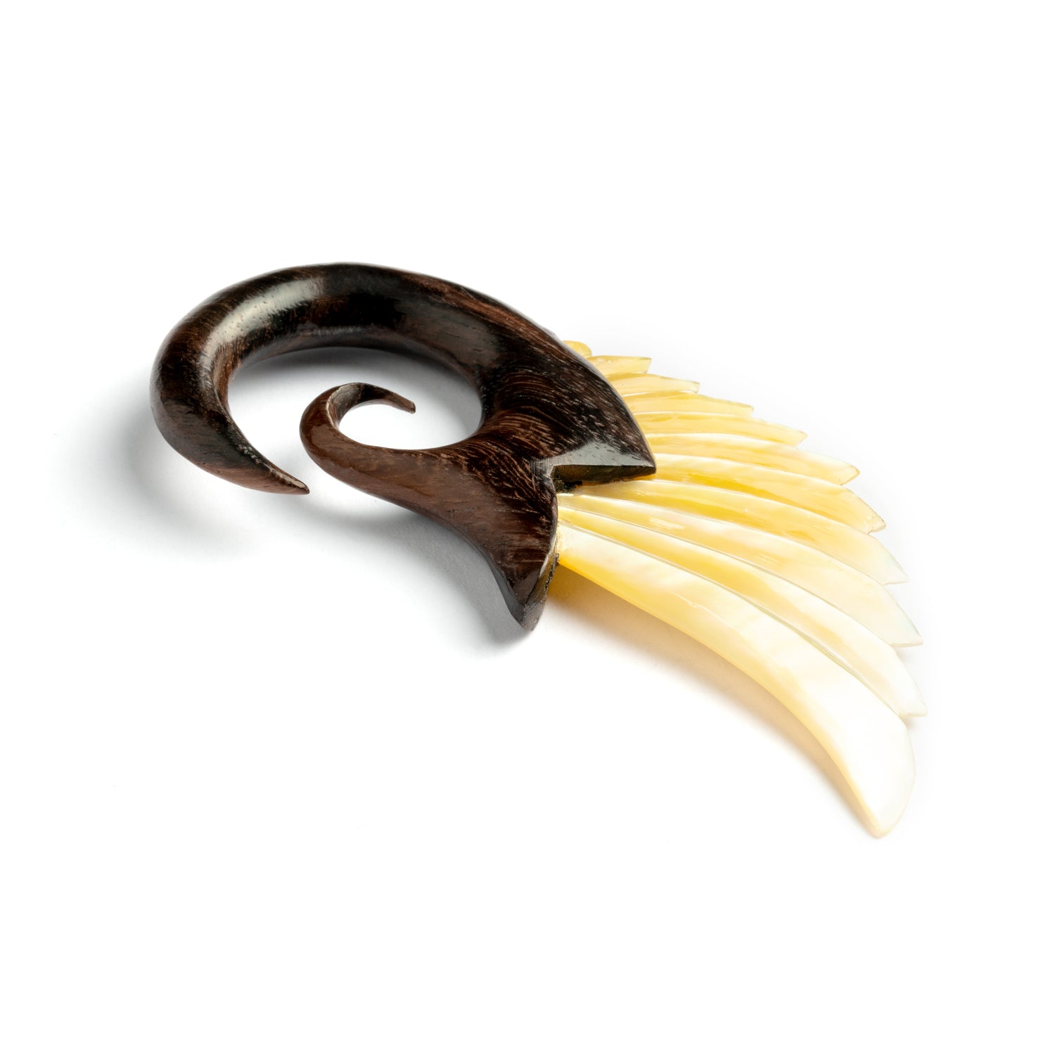 wood ear hanger with mother of pearl wing shaped side close up view