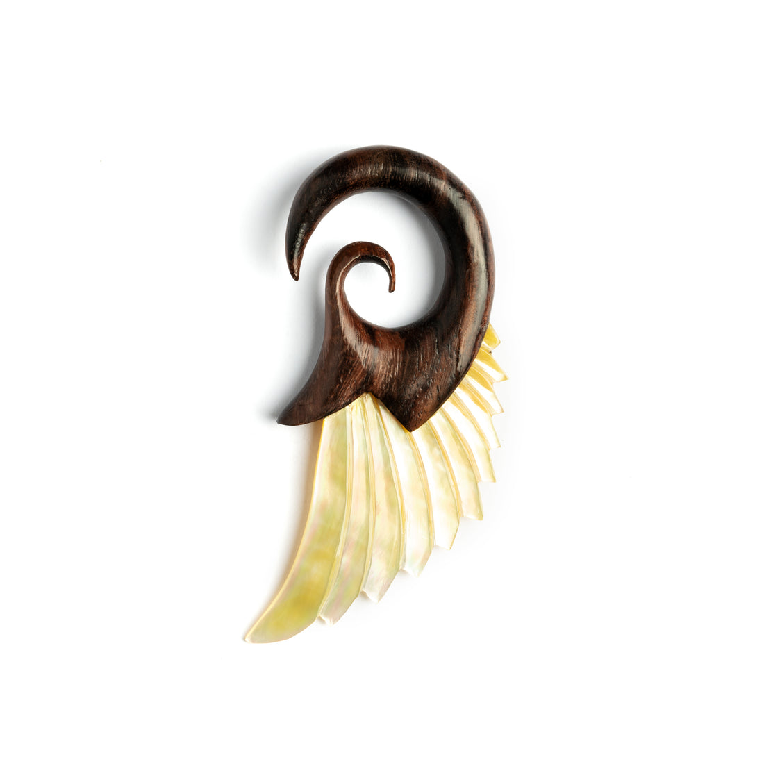 wood ear hanger with mother of pearl wing shaped frontal view