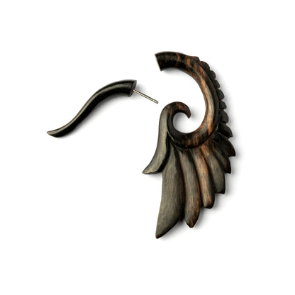 single wood wing shaped earring closure view