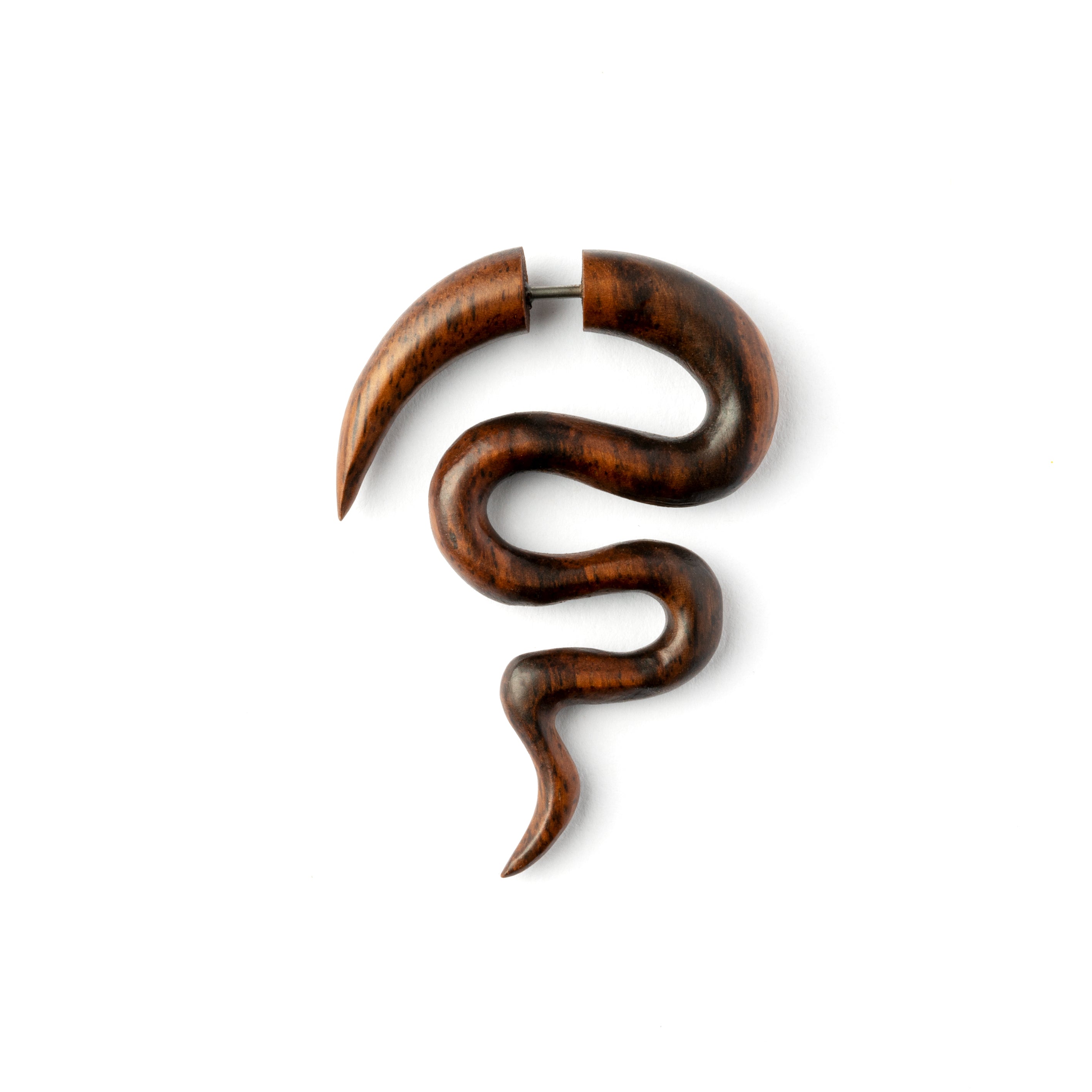 single wooden fake gauge earring in a spiky serpentine shape frontal view