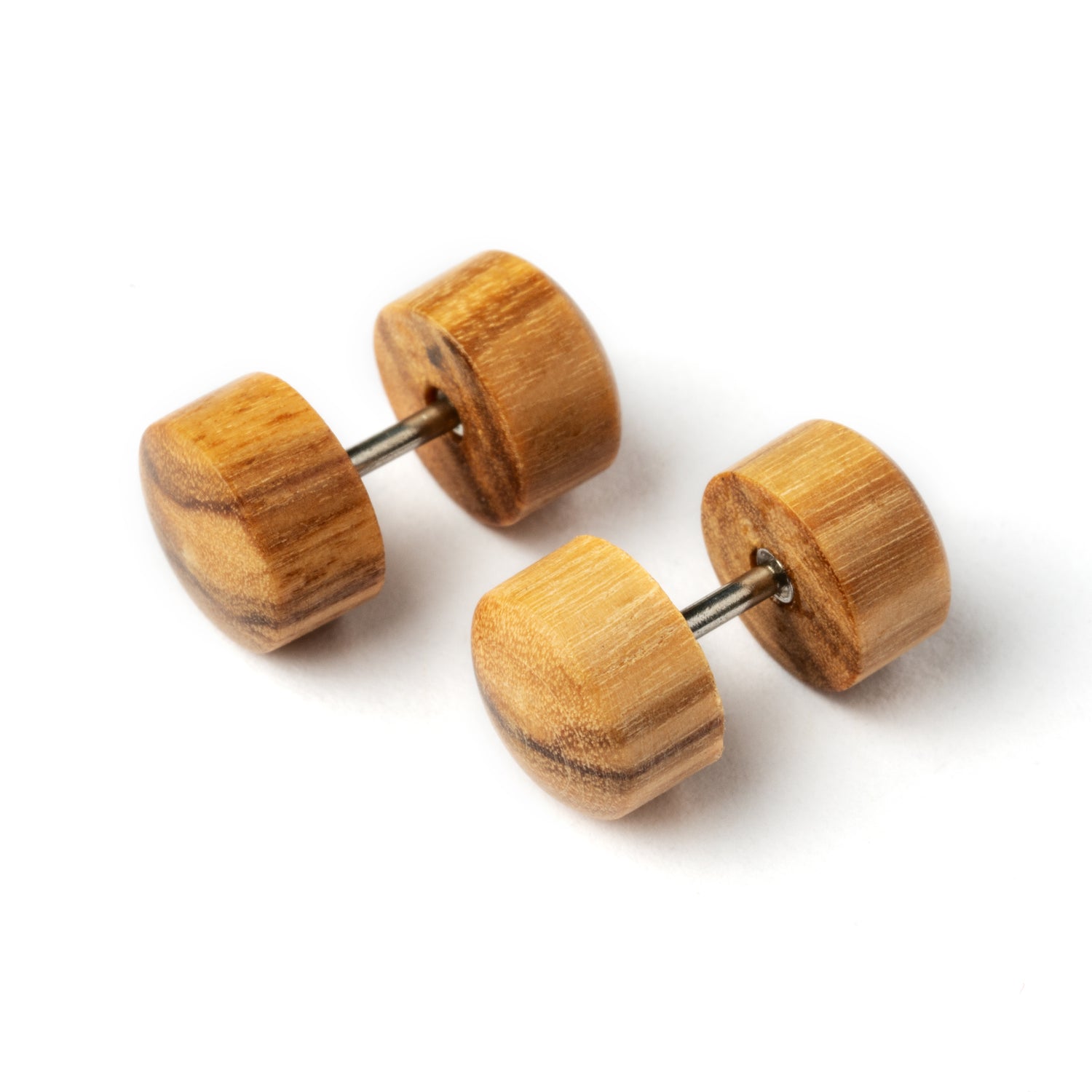 Pair of light wood fake plugs earrings right side view
