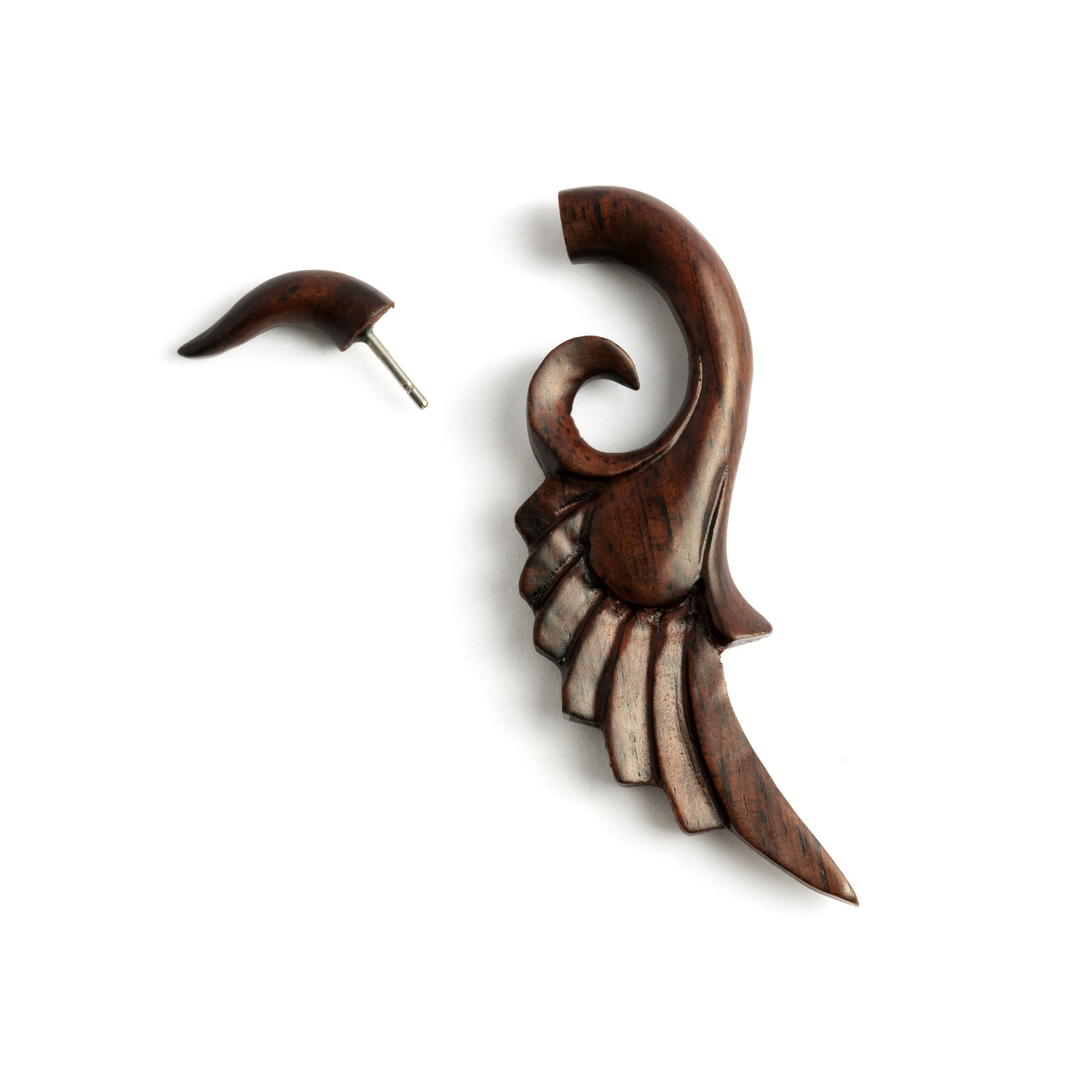 Wood peacock shape fake gauge earring closure view
