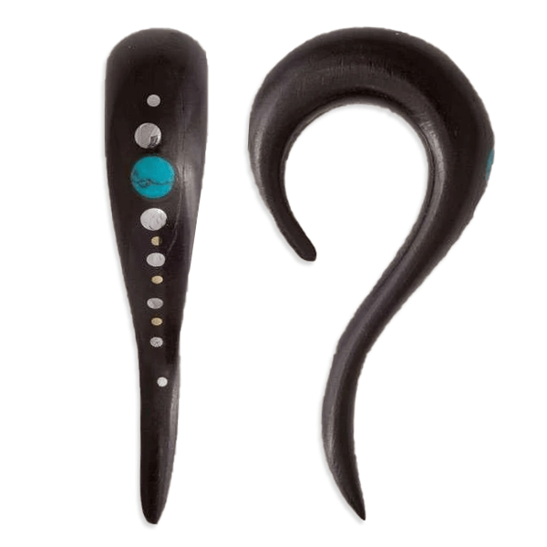 Wood Ear Stretcher With Turquoise Stone And Silver Dots Solid Tribal Hook