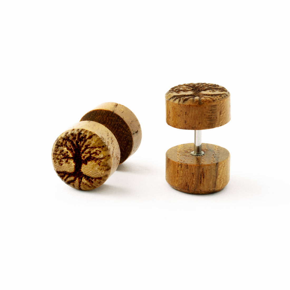 pair of wooden tree of life fake plugs earrings frontal and side view