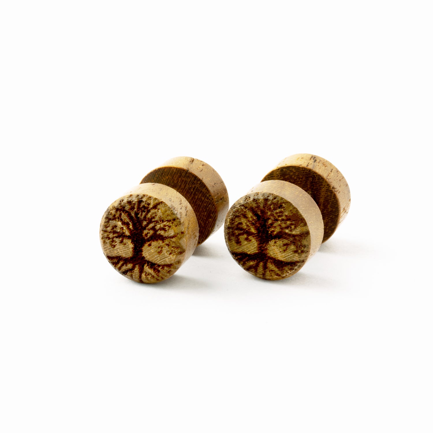pair of wooden tree of life fake plugs earrings frontal view