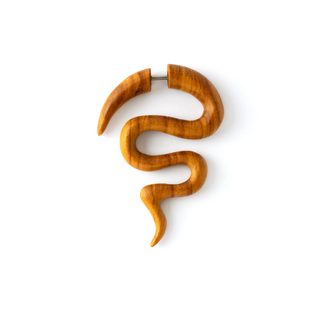 single light wood fake gauge earring in a spiky serpentine shape frontal view