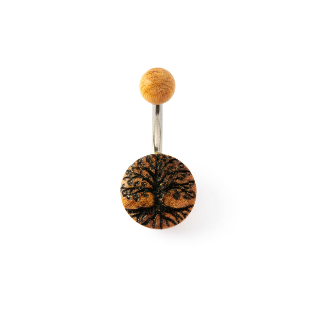 surgical steel bar with wooden disc and etched tree of life navel piercing and a wooden beed closure