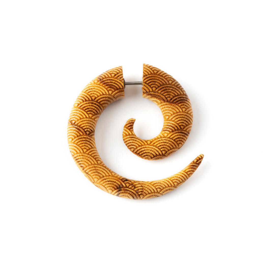Wood with waves patters spiral earring side view