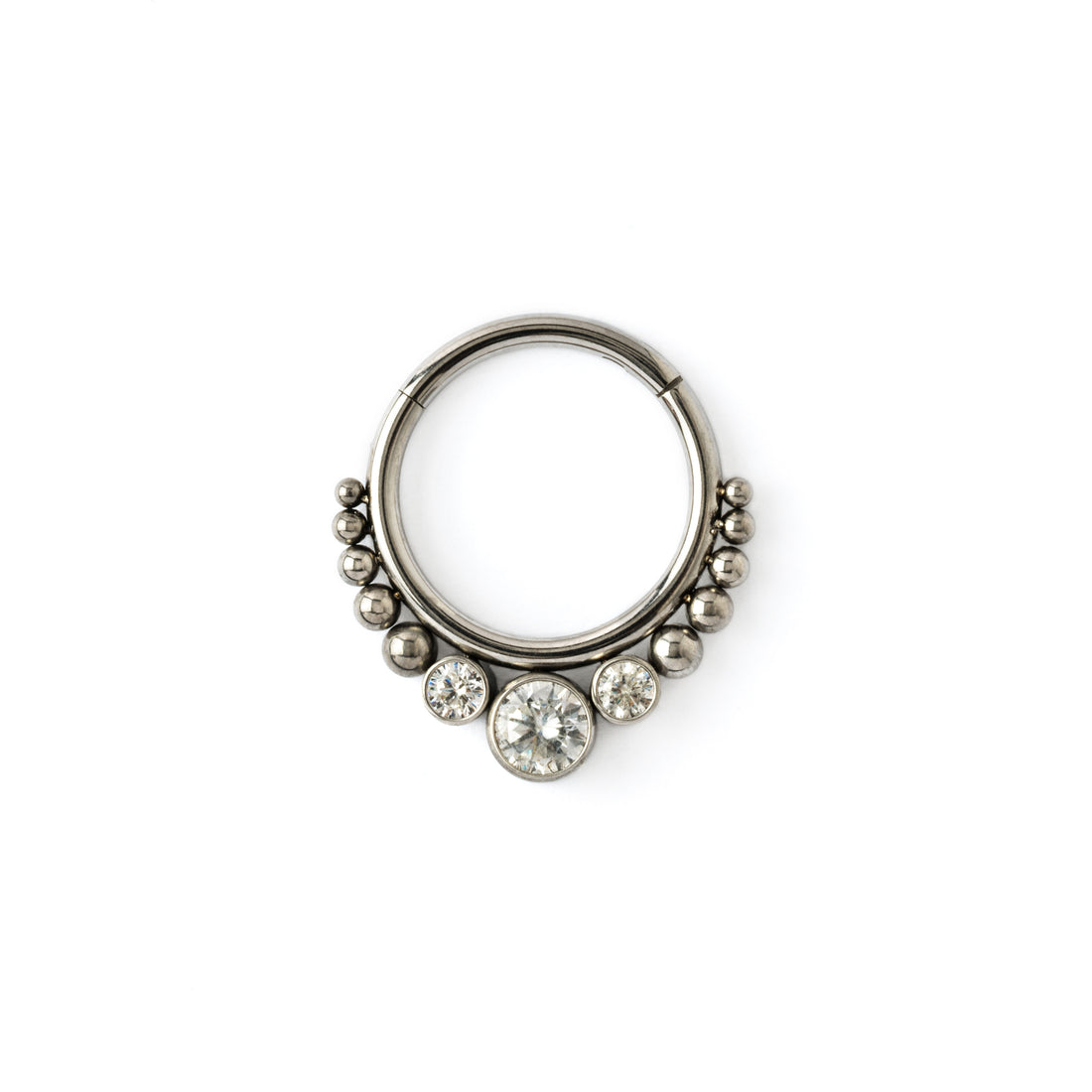 Surgical steel septum clicker ring with zirconia frontal view