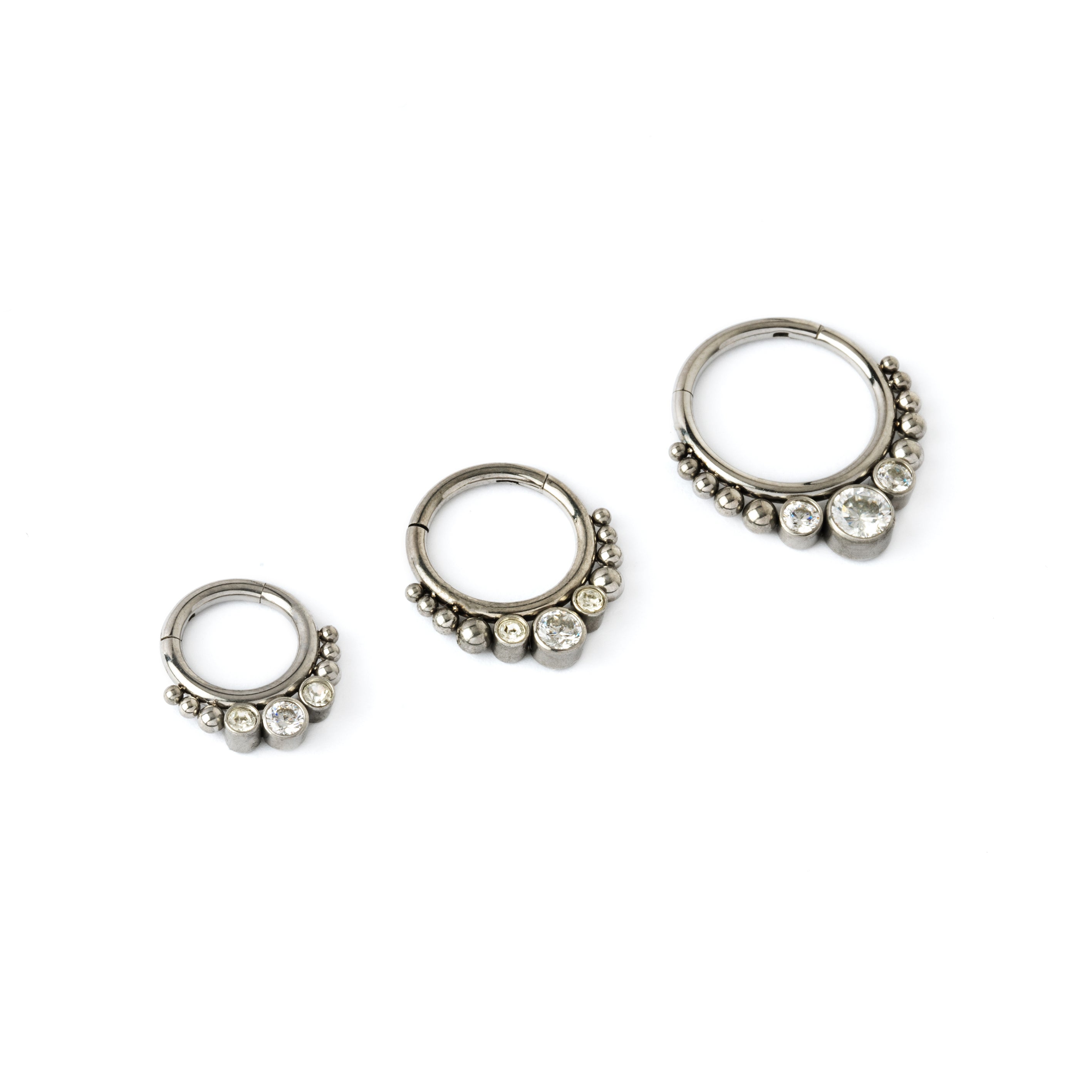 6mm, 8mm &amp; 10mm Surgical steel septum clicker rings with zirconia side view