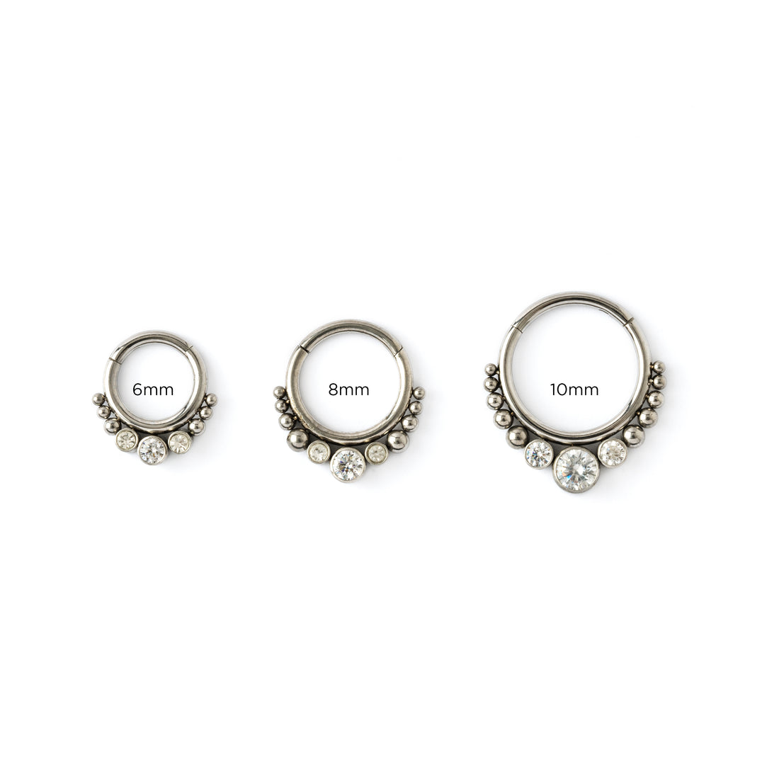 6mm, 8mm &amp; 10mm Surgical steel septum clicker rings with zirconia frontal view