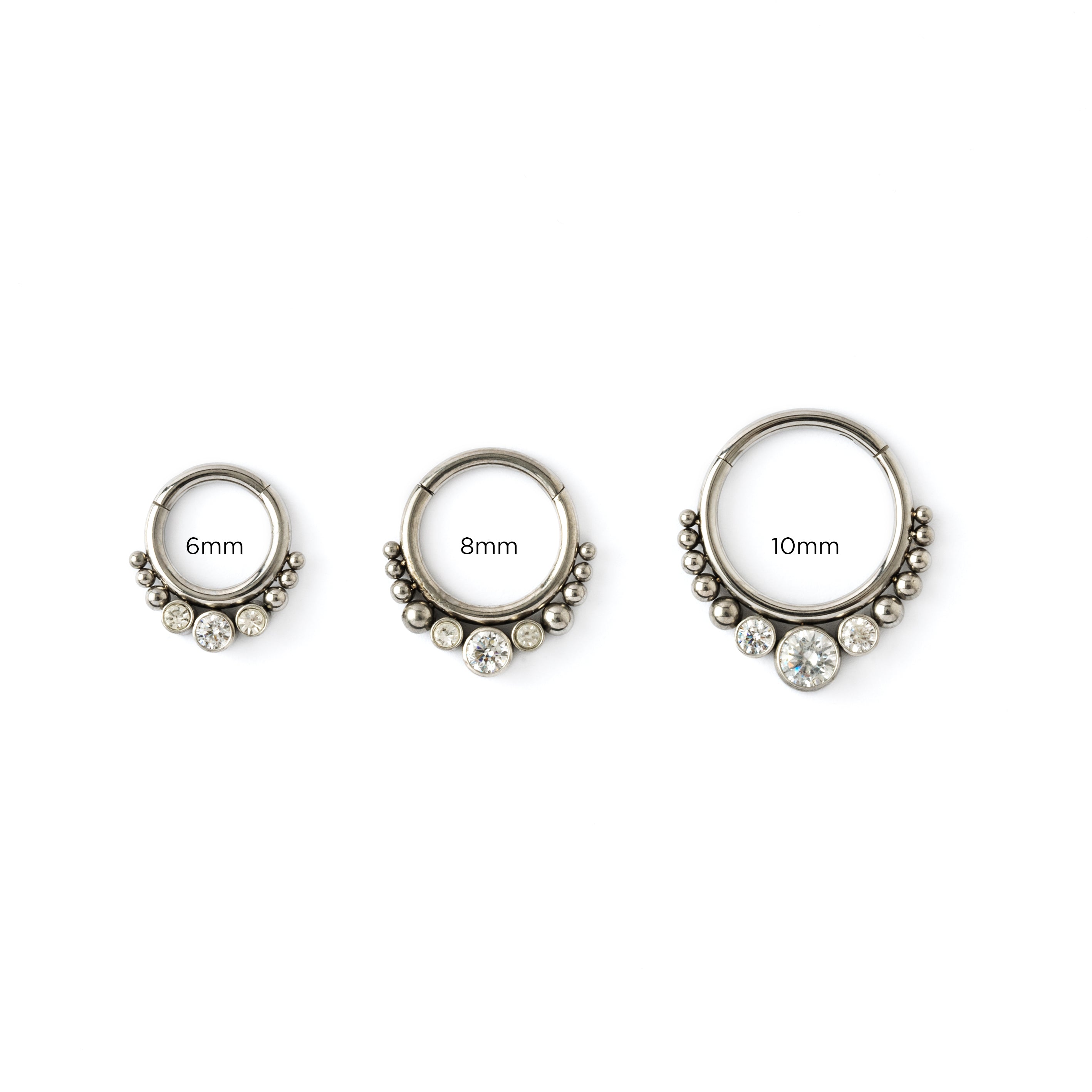 6mm, 8mm & 10mm Surgical steel septum clicker rings with zirconia frontal view