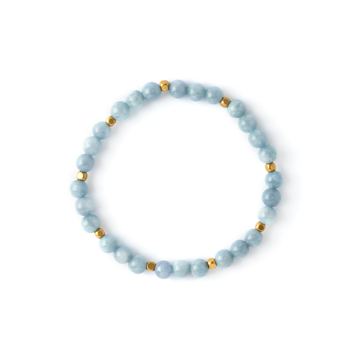 Aquamarine beads bracelet with interlocking petite squared golden brass beads side view