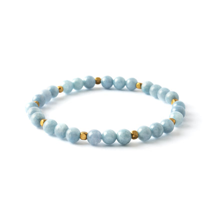 Aquamarine beads bracelet with interlocking petite squared golden brass beads