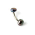curved surgical steel navel bar with two black pearls, one at the top and a bigger one at the bottom