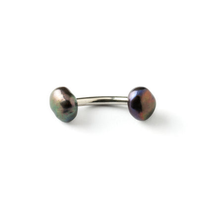 curved surgical steel navel bar with two black pearls, one at the top and a bigger one at the bottom down view