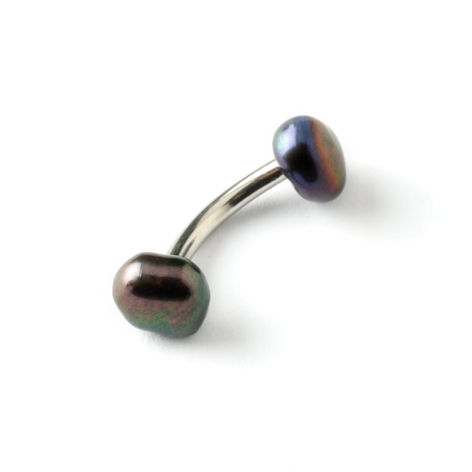 curved surgical steel navel bar with two black pearls, one at the top and a bigger one at the bottom side view
