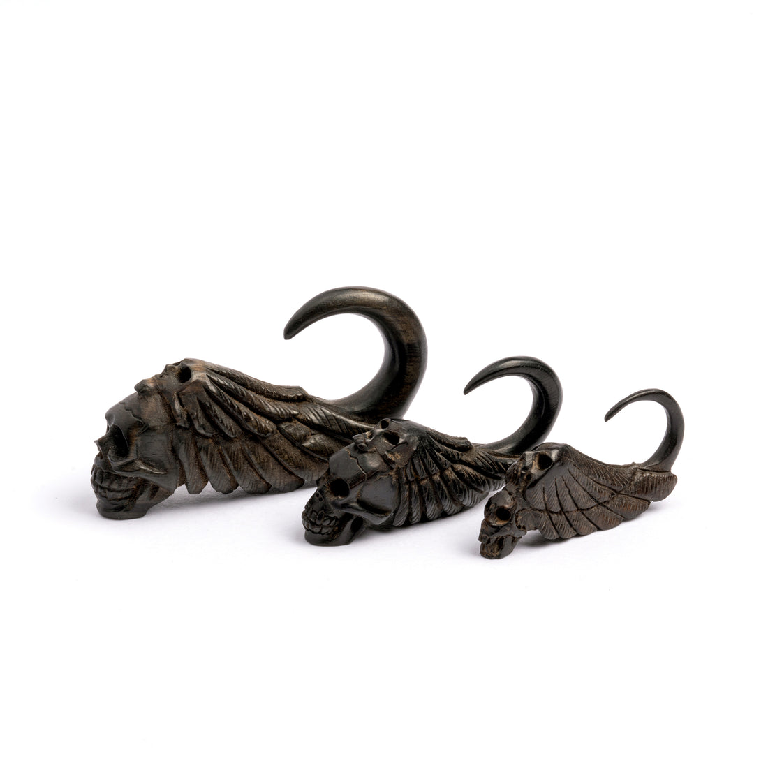 12g, 6g, 2g black wood winged skull ear hangers right side and front view