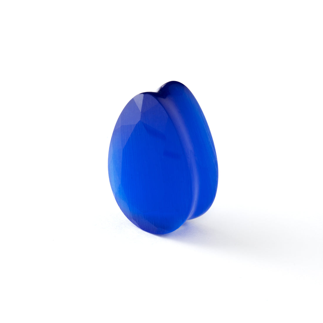 single blue faceted cat eye teardrop ear plug left side view