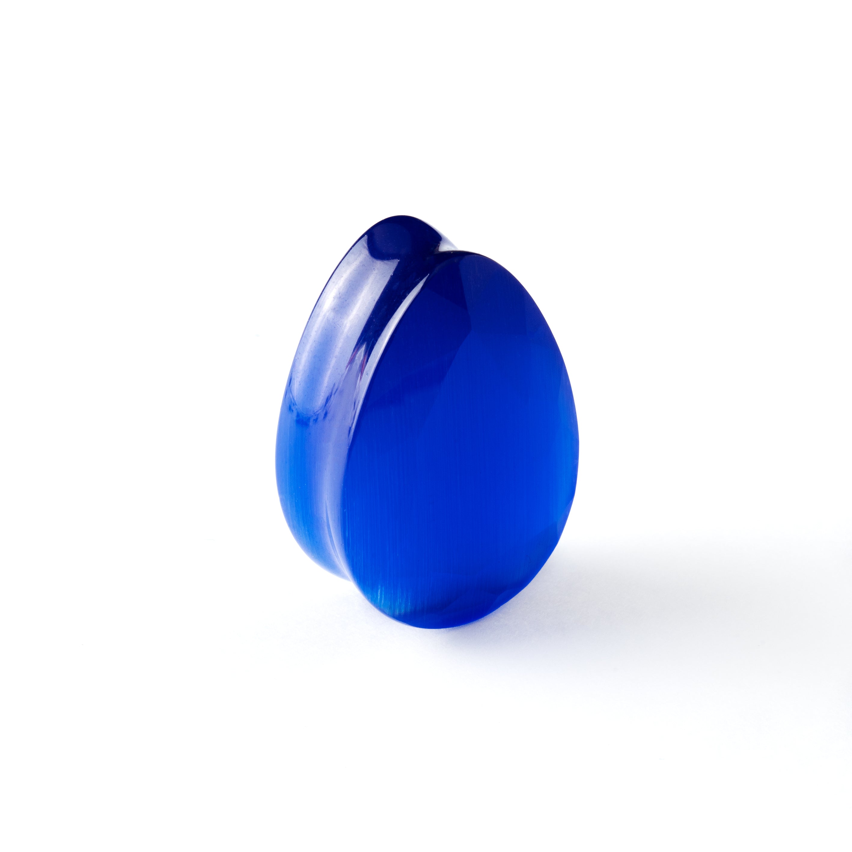 blue cat eye teardrop faceted ear plug left side view