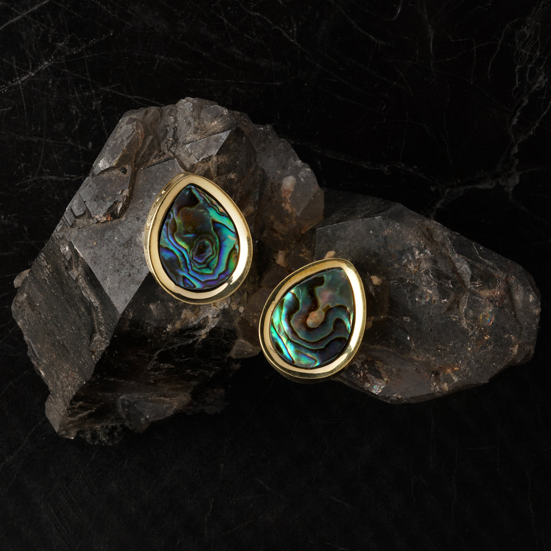 pair of Golden teardrop ear plugs with Abalone shell 