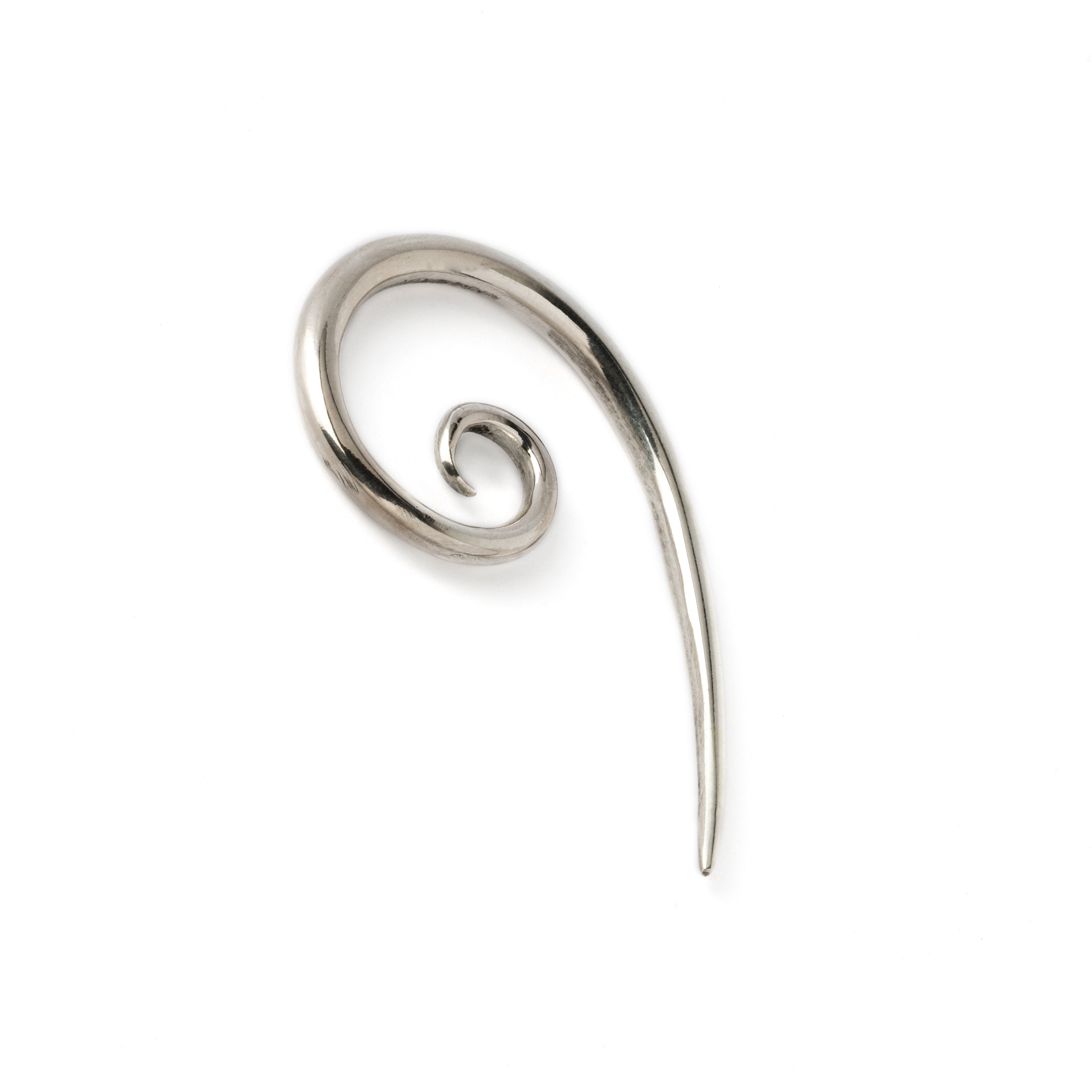 silver spiral long hook ear stretcher front side view