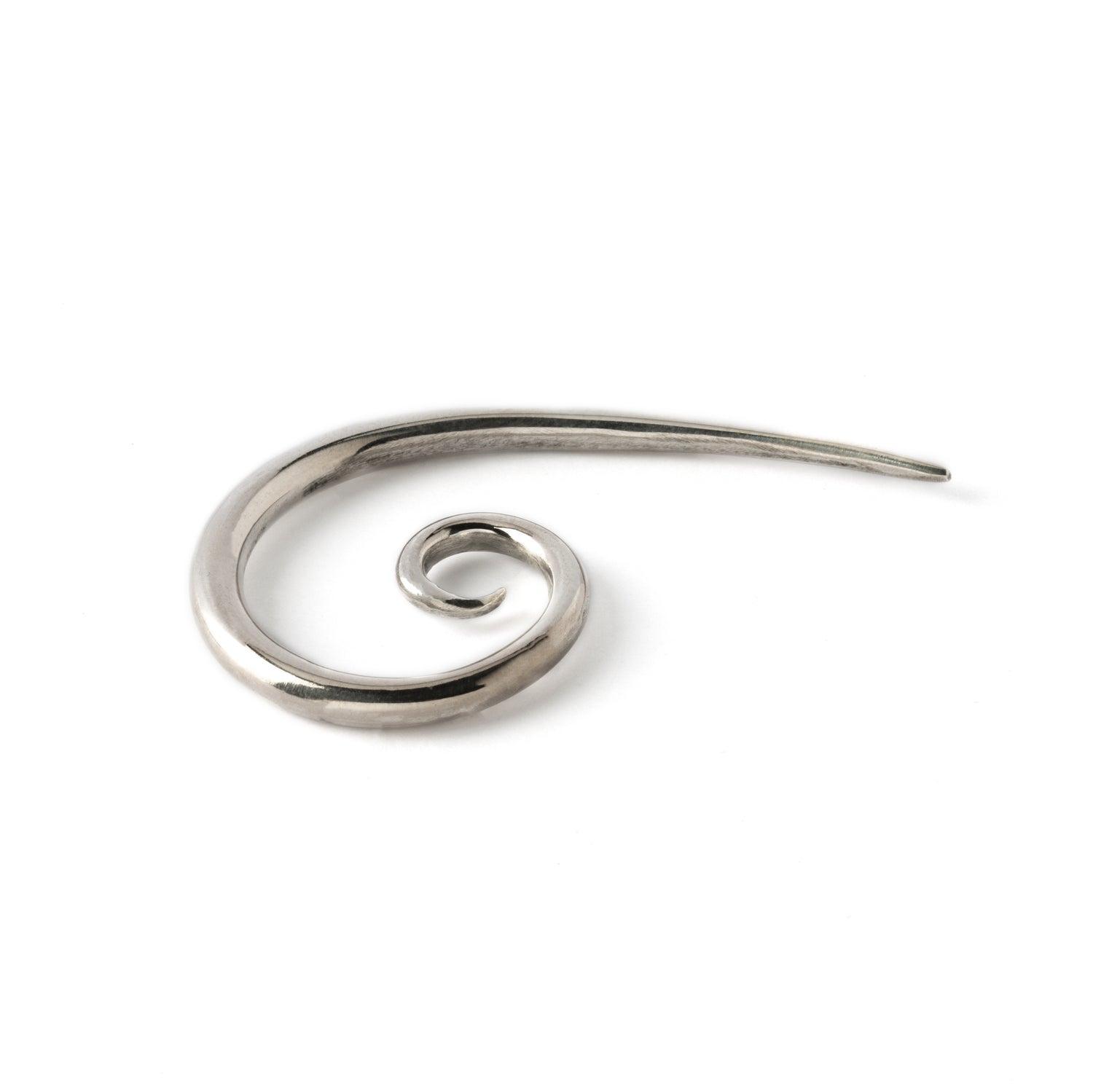 silver spiral long hook ear stretcher front close up view