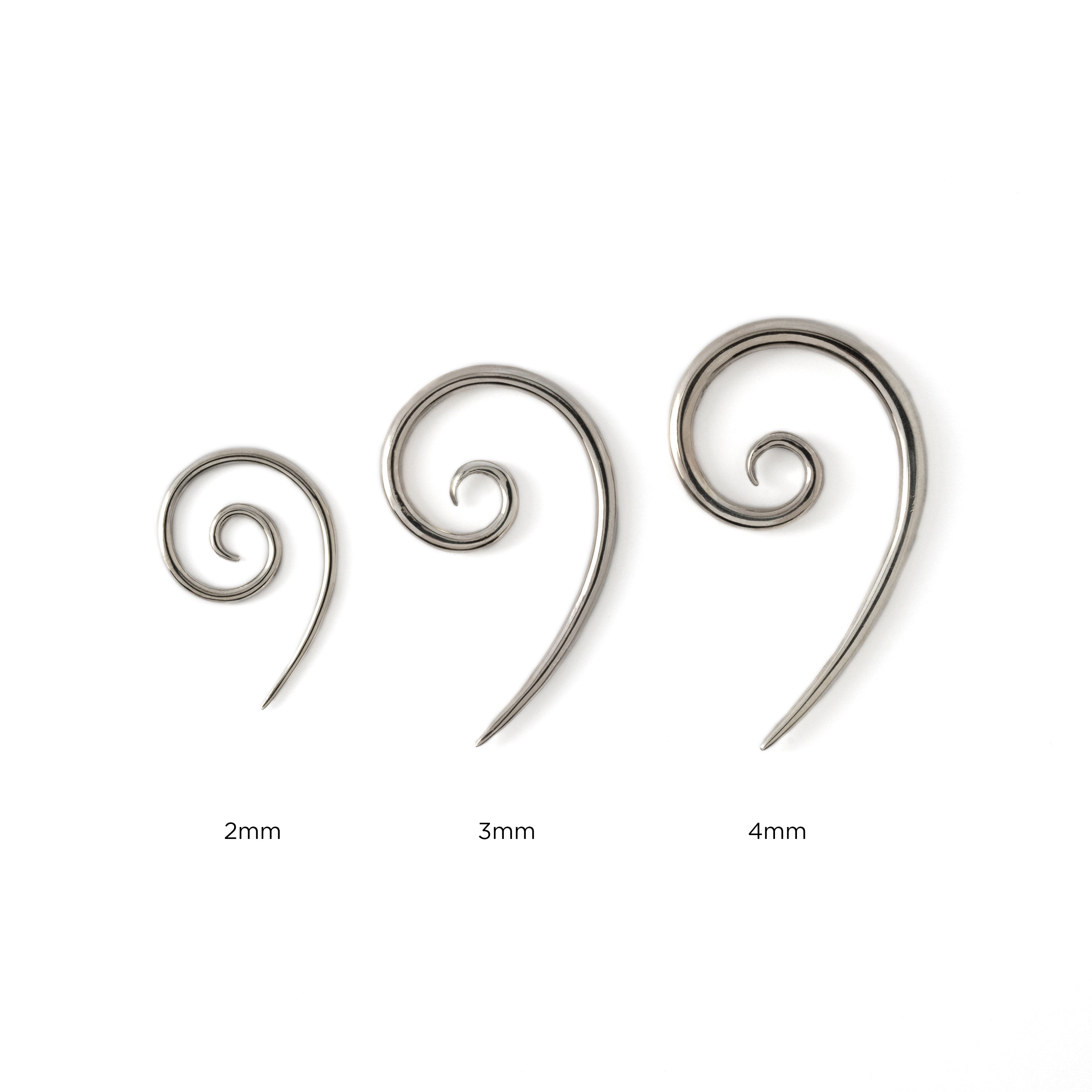 2mm, 3mm, 4mm silver spiral long hook ear stretchers side view