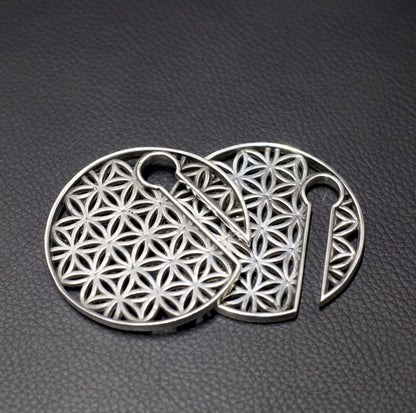 pair of white brass flower of life disc ear weights hangers frontal view