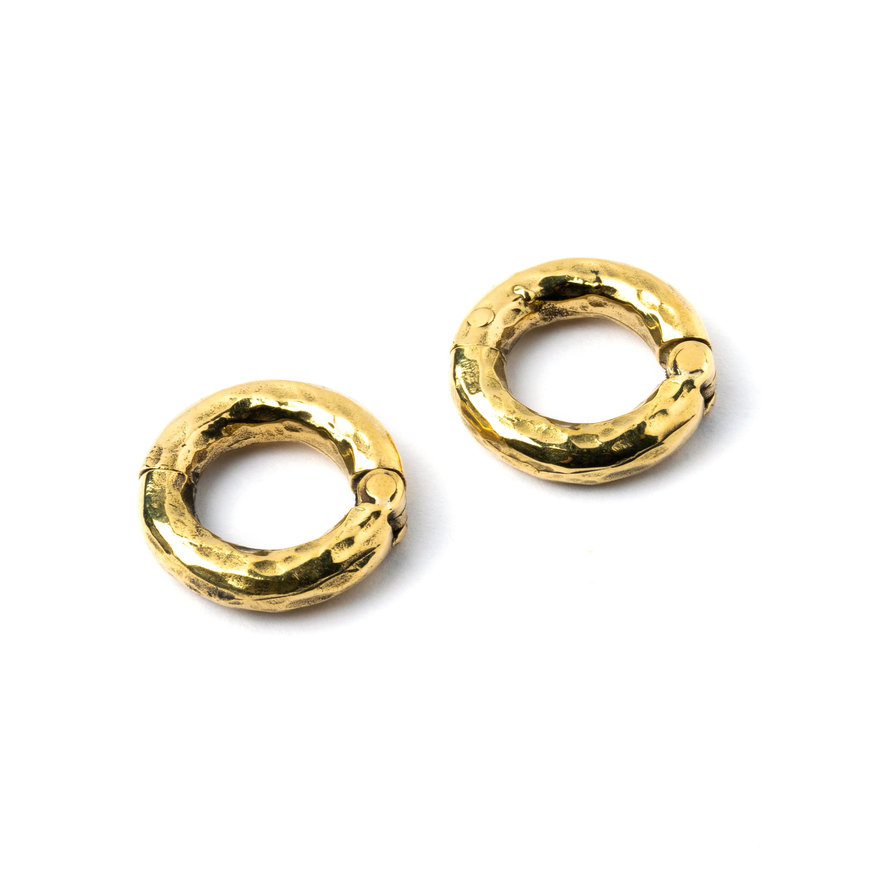 pair of gold brass hammered gauge hoops front side view