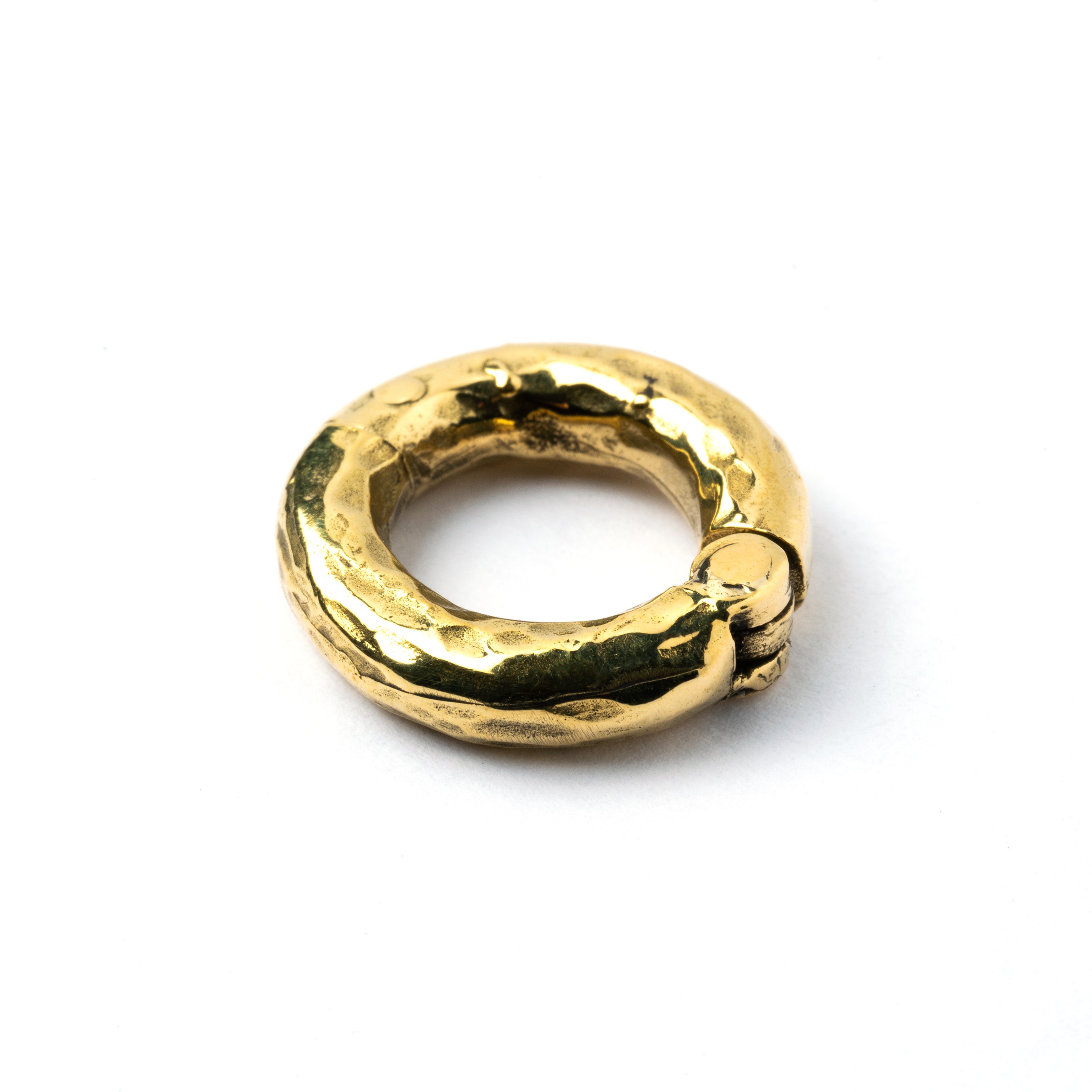 single gold brass hammered gauge hoop close up view