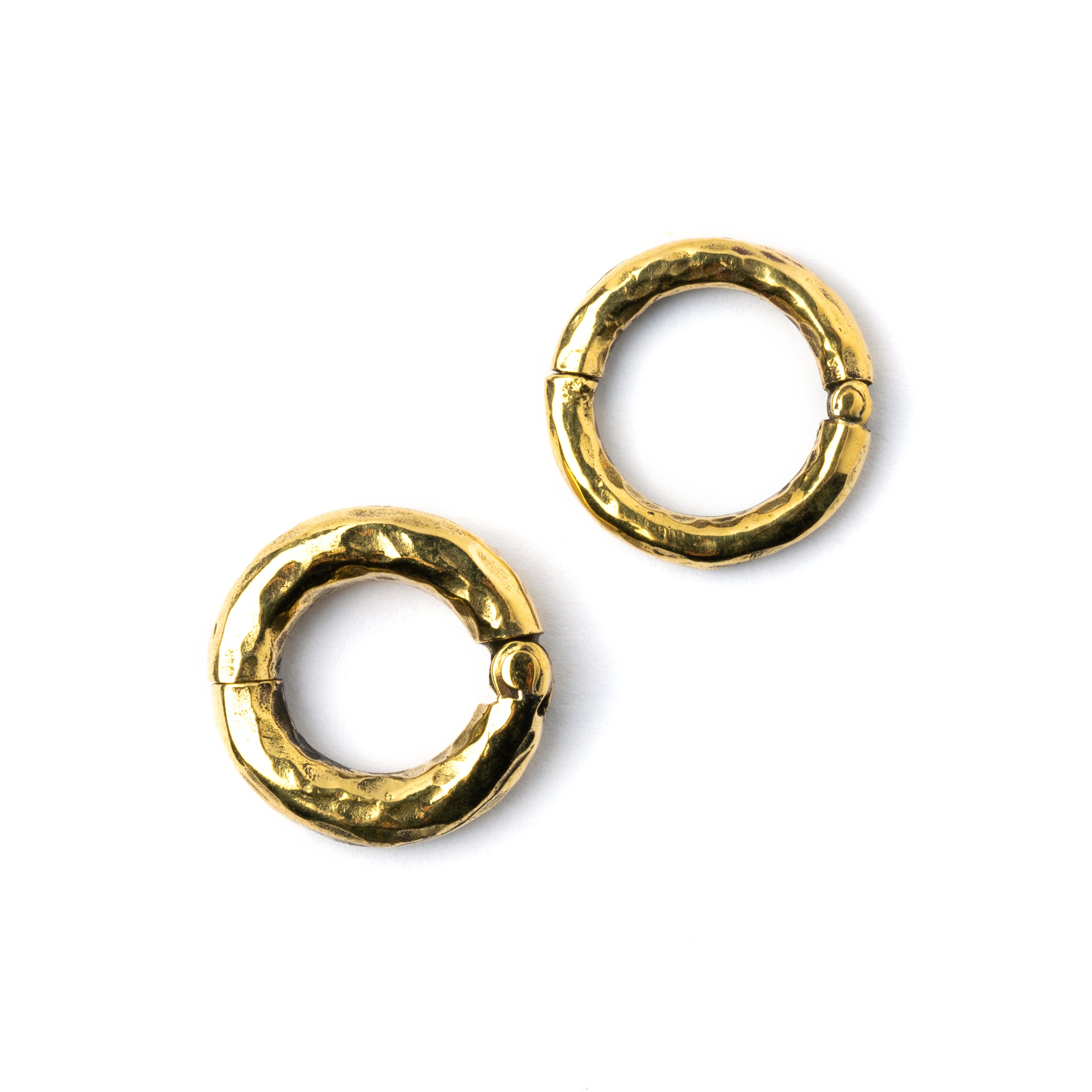 3mm and 4mm gold brass hammered gauge hoops frontal view