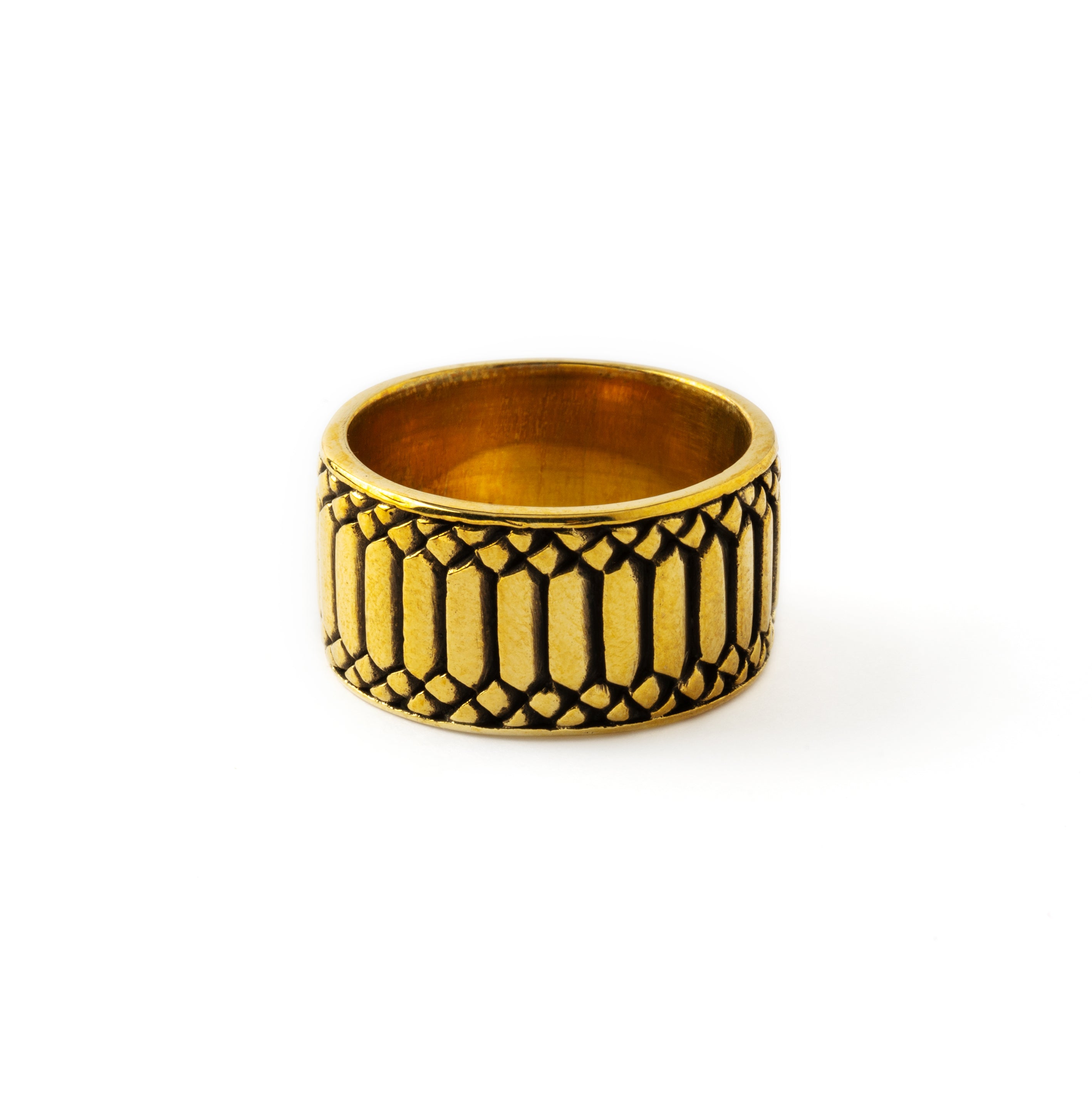 Apophis Rebirth golden brass thick band ring with geometric pattern frontal view