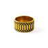 Apophis Rebirth golden brass thick band ring with geometric pattern frontal view