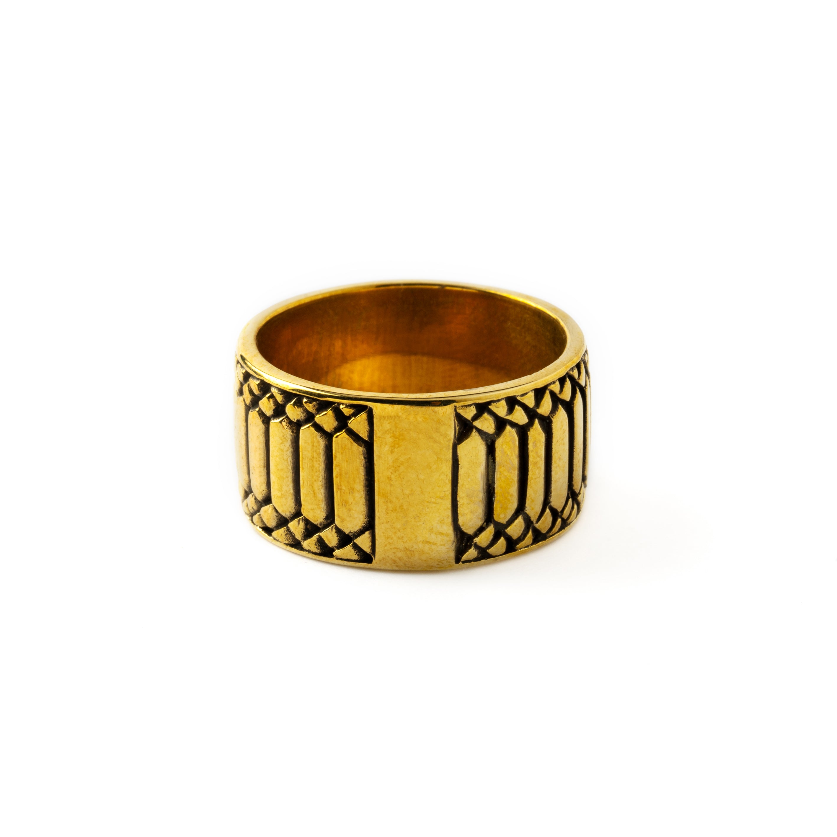 Apophis Rebirth golden brass thick band ring with geometric pattern back view