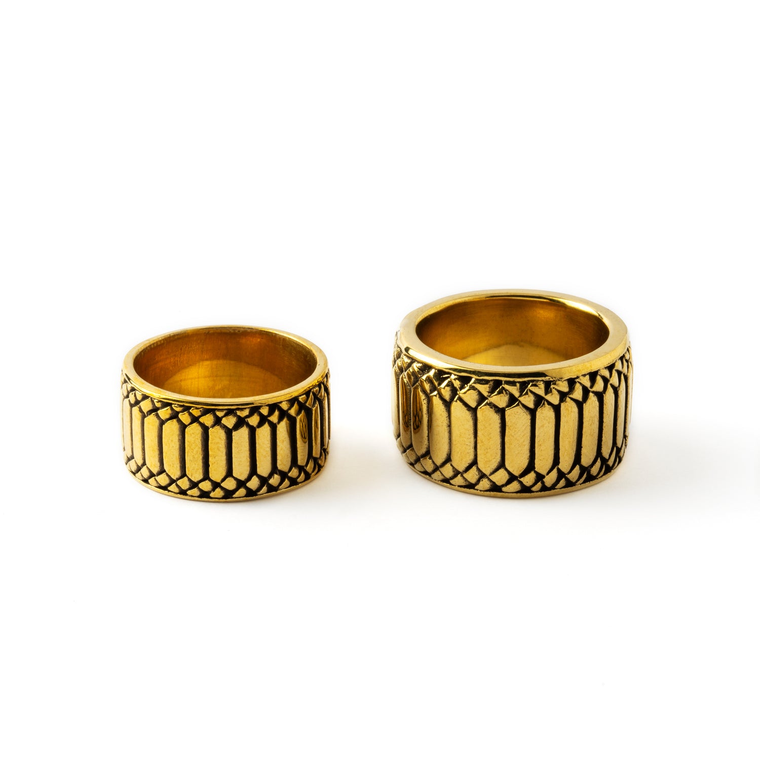 Apophis Rebirth men and women golden brass thick band rings with geometric pattern frontal view