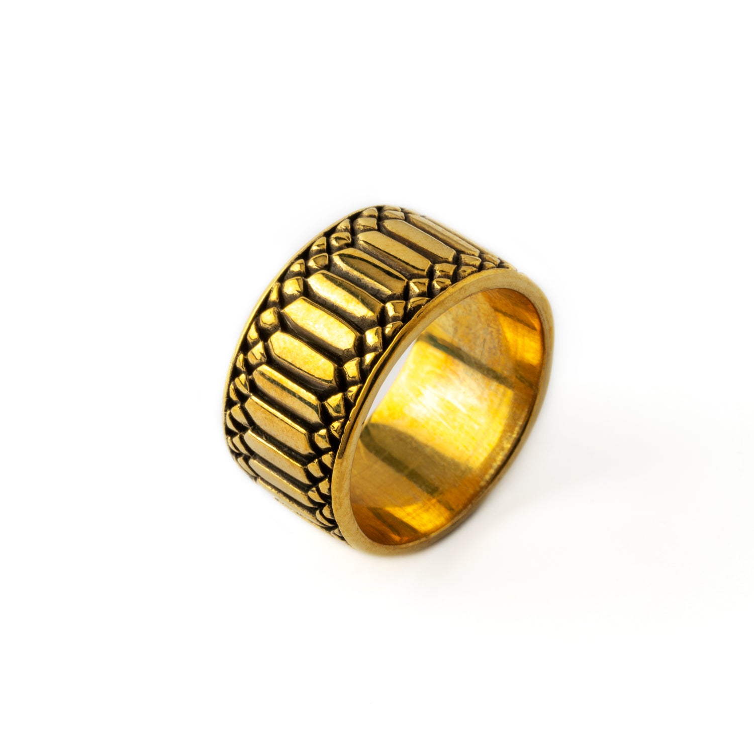 Apophis Rebirth golden brass thick band ring with geometric pattern side view
