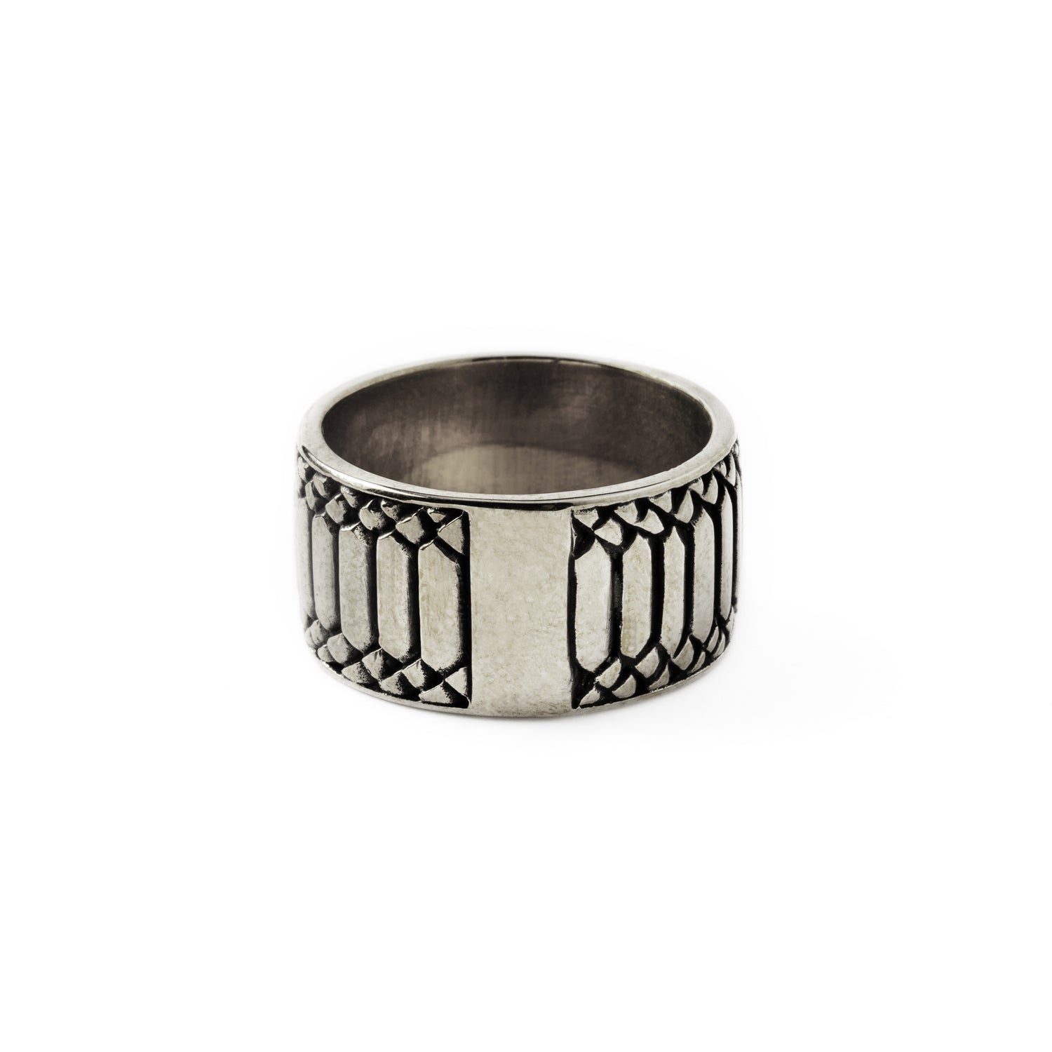 Apophis Rebirth silver thick band ring with geometric pattern back view